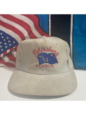 Vintage Alaska Corduroy OFF-White Cap Hat Snapback RARE Petersburg Needs A Wash